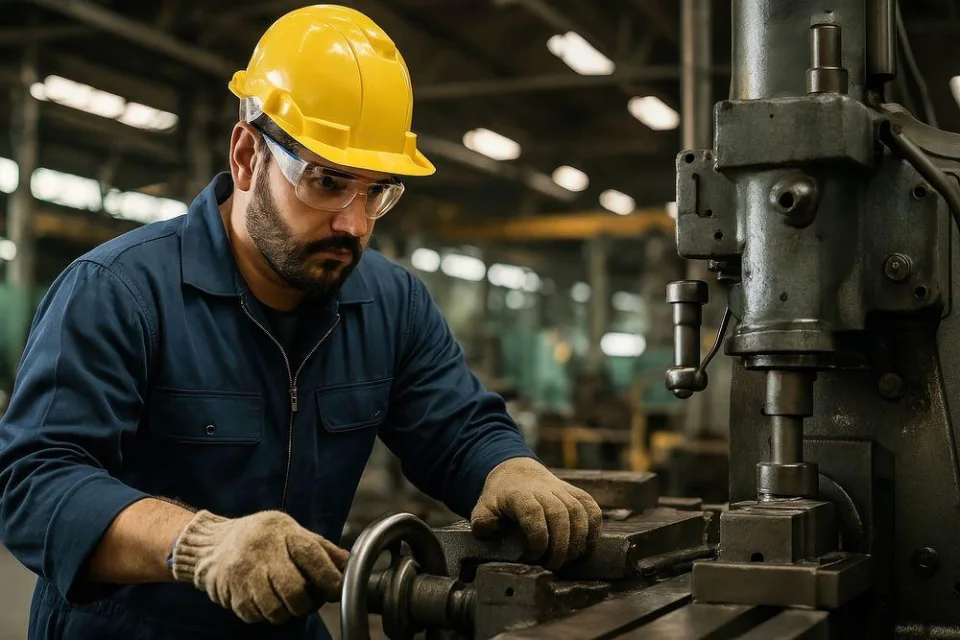 Profissional com capacete e óculos de proteção opera uma máquina industrial.